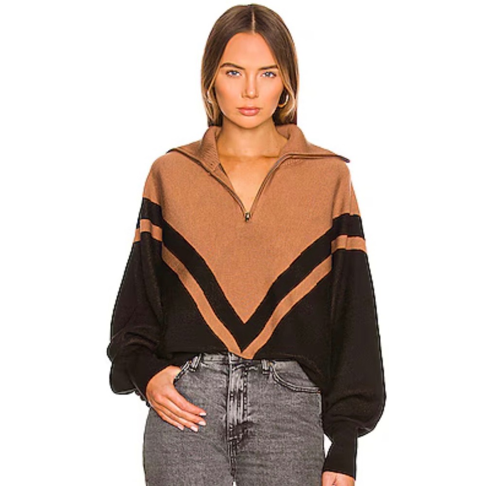 SER.O.YA Abi Sweater Medium Black Tan Chevron Oversized Quarter Zip Wool Blend